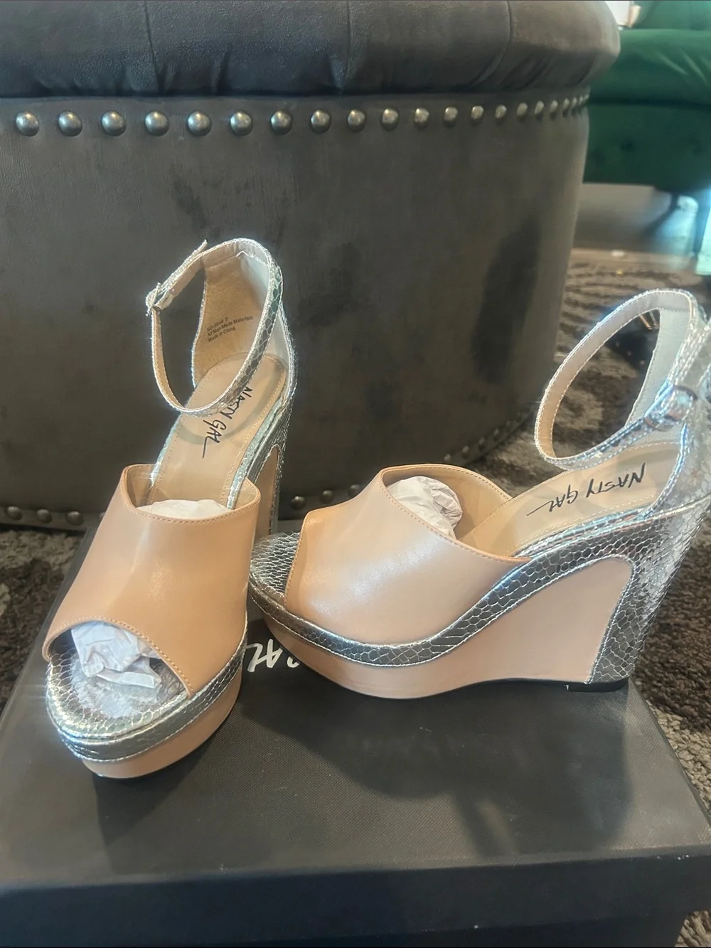 Nasty Gal Nude and Silver Snakeskin Platform Wedges